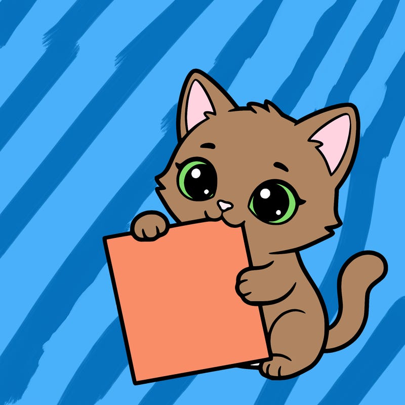 a small cat with a blank sheet of paper in its hand. the cat is sooooooo cute!