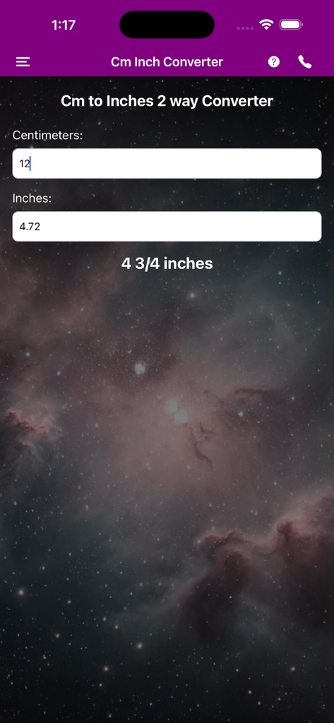 Interface of the centimeter to inch converter within the Quick Quilt Calculator app