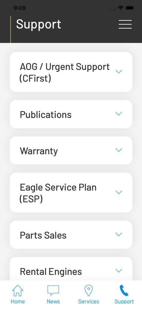 Tela de suporte do aplicativo Know My PT6 listando publicações de suporte urgentes e serviços de garantia