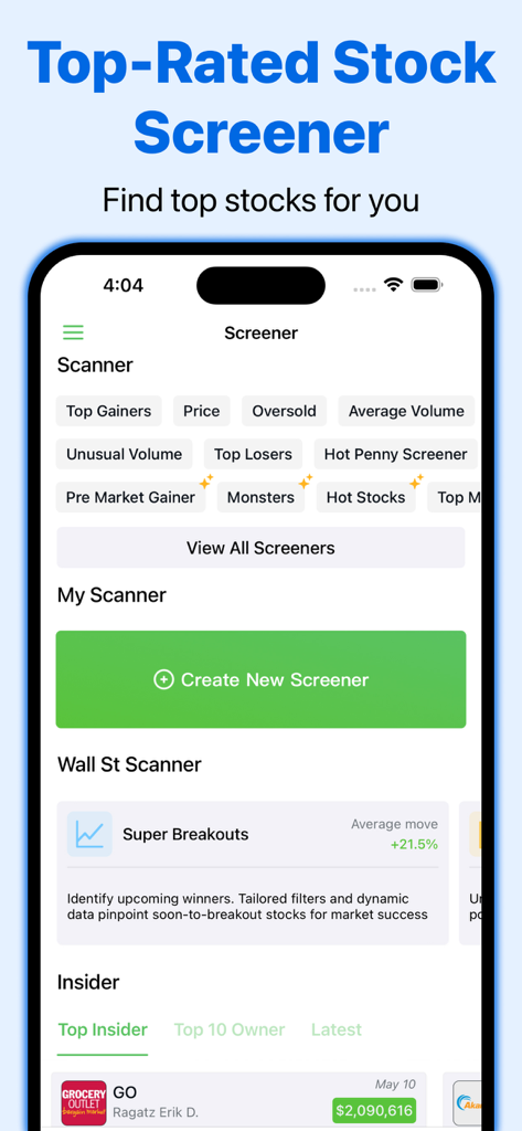 Interfaz de la aplicación móvil de Stock Scanner Screener AI mostrando varios filtros de mercado y señales de breakout