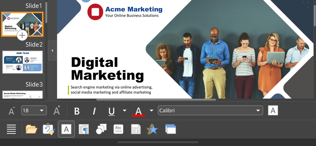 SoftMaker Presentations - SoftMaker Presentations mobile app interface editing a digital marketing presentation slide