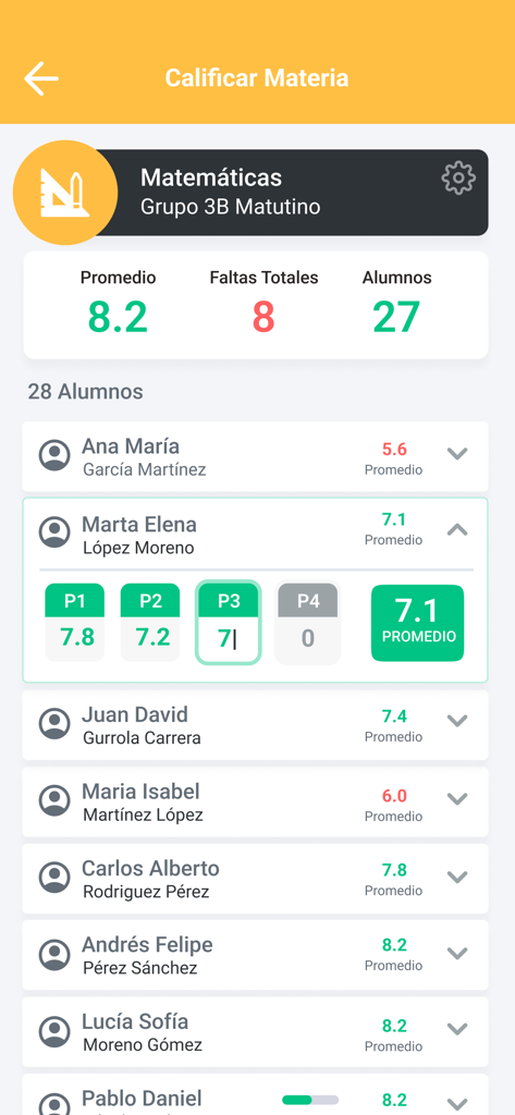 Interfaz de la aplicación de gestión escolar Cura que muestra una lista de calificaciones de estudiantes y asistencia para una clase de matemáticas.