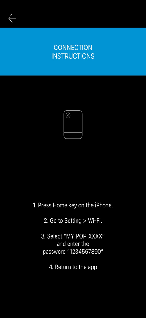 Connection instructions screen for the POP Camera Printer app showing steps to connect via Wi-Fi.