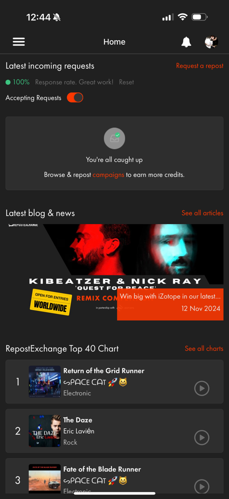 RepostExchange mobile app home screen showing music news banners and the Top 40 track chart.
