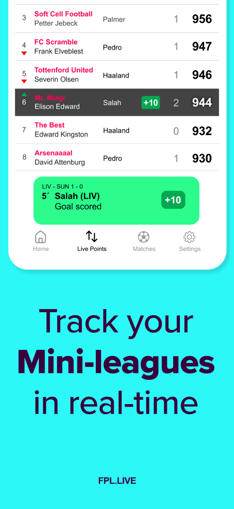 FPL.Live – Live Points & Rank - FPL.Live mobile app interface displaying real-time mini-league standings and live player goal updates