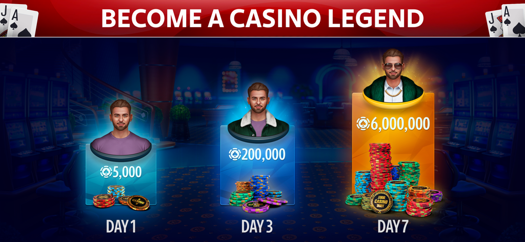 Daily casino rewards progression screen showing chip bonuses for day 1, day 3, and day 7 to become a casino legend.