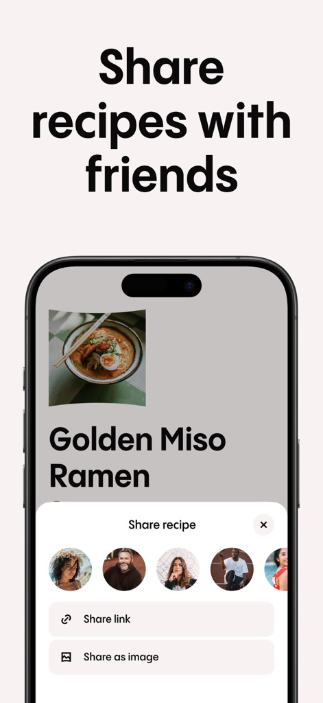 Recipe Keeper & Saver - Recify - Interface de l'application Recify montrant une feuille de partage pour une recette de ramen avec des options pour partager sous forme de lien ou d'image avec des amis
