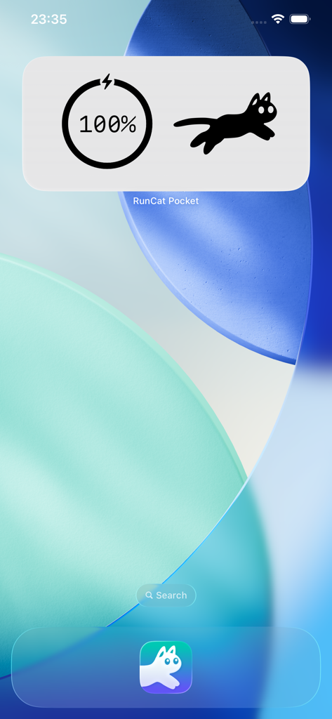 RunCat Pocket - RunCat Pocket widget showing battery level and a running cat on an iPhone home screen