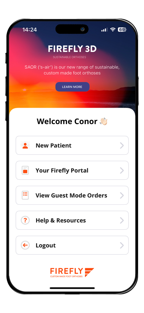 FUSION Plus - Home screen of the FUSION Plus medical app for podiatrists showing options for new patients and orthotic order management.