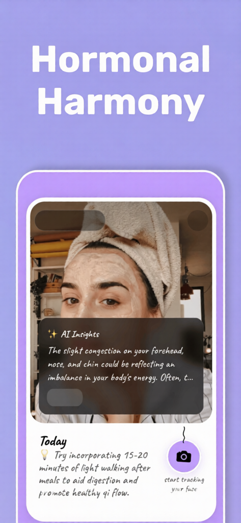 Poppy - AI Period Tracker - Poppy AI app interface showing hormonal skin analysis insights and daily wellness tips