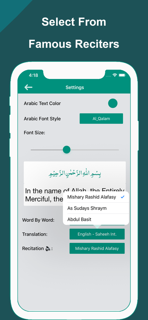Interfaccia dell'app Traduzione parola per parola del Corano che mostra le impostazioni per selezionare recitatori famosi e personalizzare i font
