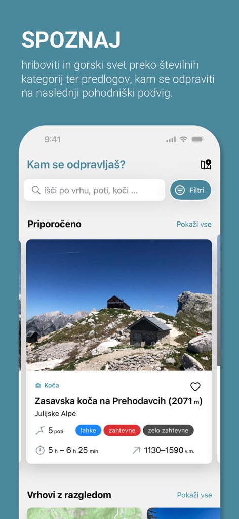 APPEAK - Mobile app interface showing recommended mountain peaks and hiking trail details like difficulty and duration