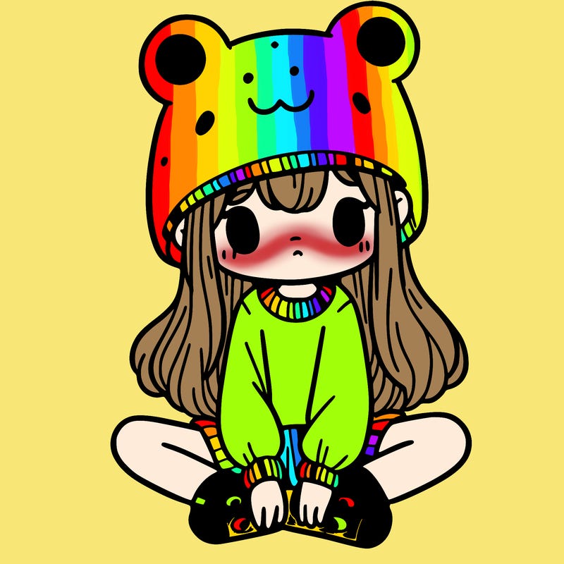 a girl wearing a frog hat and some frog socks