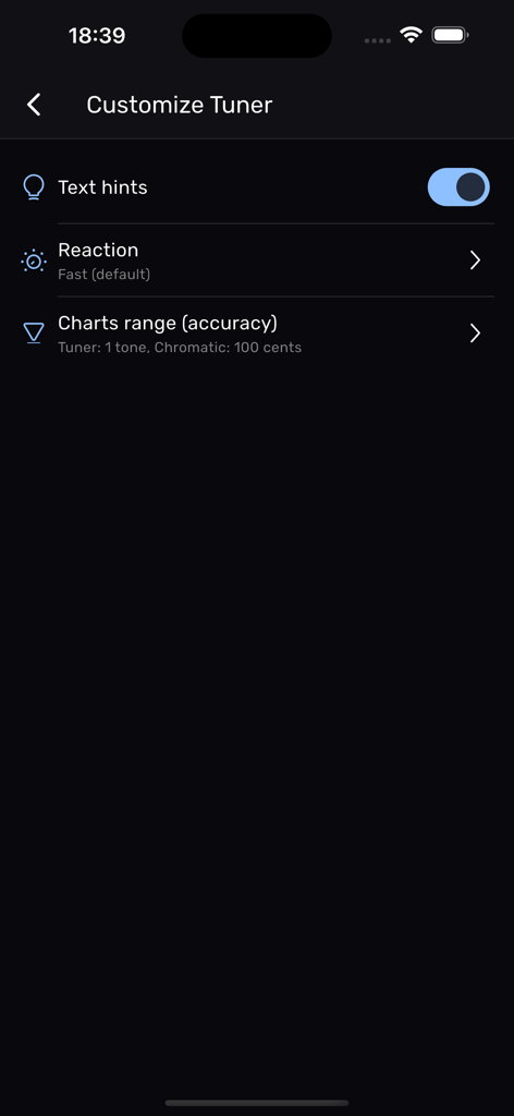 Trumpet Tuner – XTuner PRO - Customize settings screen in Trumpet Tuner XTuner PRO showing tuner reaction and accuracy options