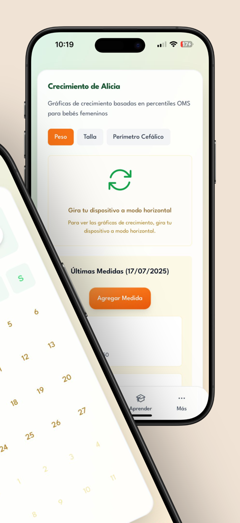 Alicia: Menús BLW Bebés - Ein Bildschirm einer mobilen App zeigt eine Baby-Wachstumsverfolgungs-Oberfläche mit Optionen für Gewicht, Größe und Kopfumfang basierend auf WHO-Perzentilen