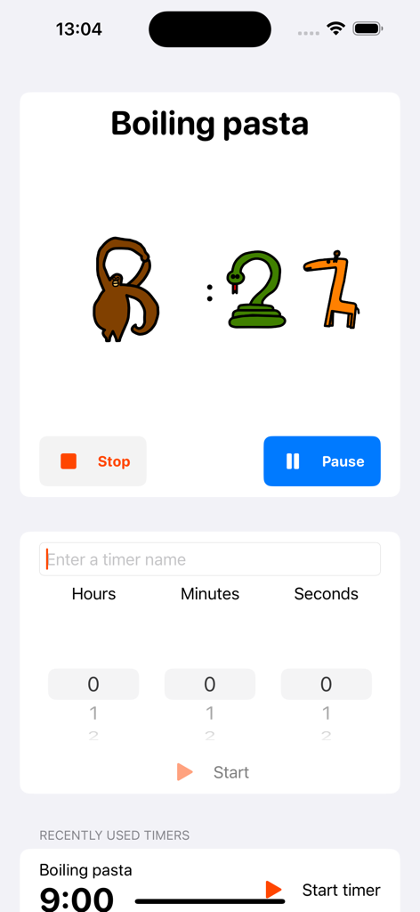 Rohrig's Animal Timer - Rohrig's Animal Timer interface showing a countdown for boiling pasta with digits represented by cute animal illustrations.
