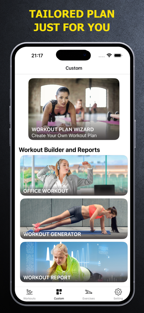 Female Fitness - Home Workout - A mobile app interface showing tailored fitness plan options including office workouts and a workout generator for women.