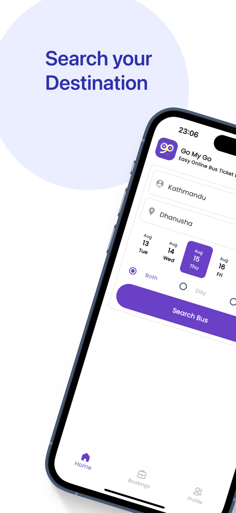 Go My Go - Book Bus Tickets - Interfaz de la aplicación Go My Go para buscar billetes de autobús en Nepal.