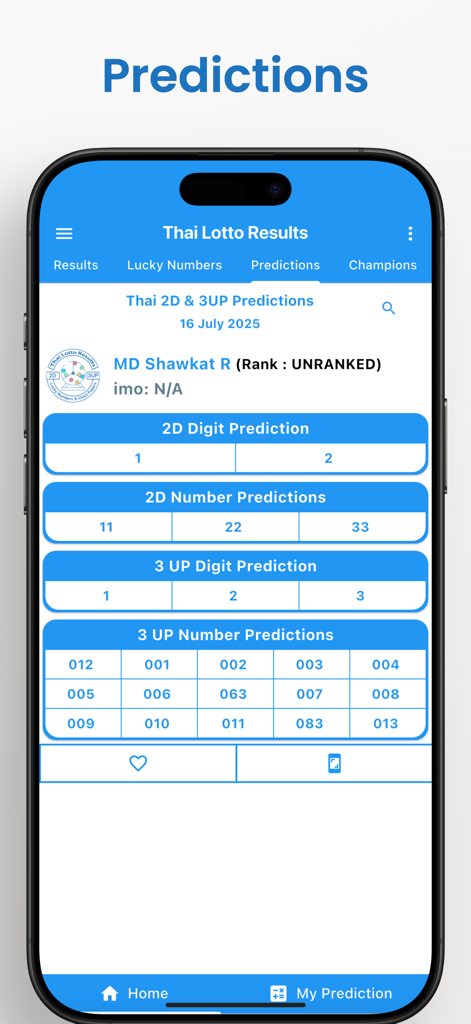 Thai Lotto Results - Captura de tela do aplicativo Thai Lotto Results exibindo previsões de loteria 2D e 3UP em um dispositivo móvel.