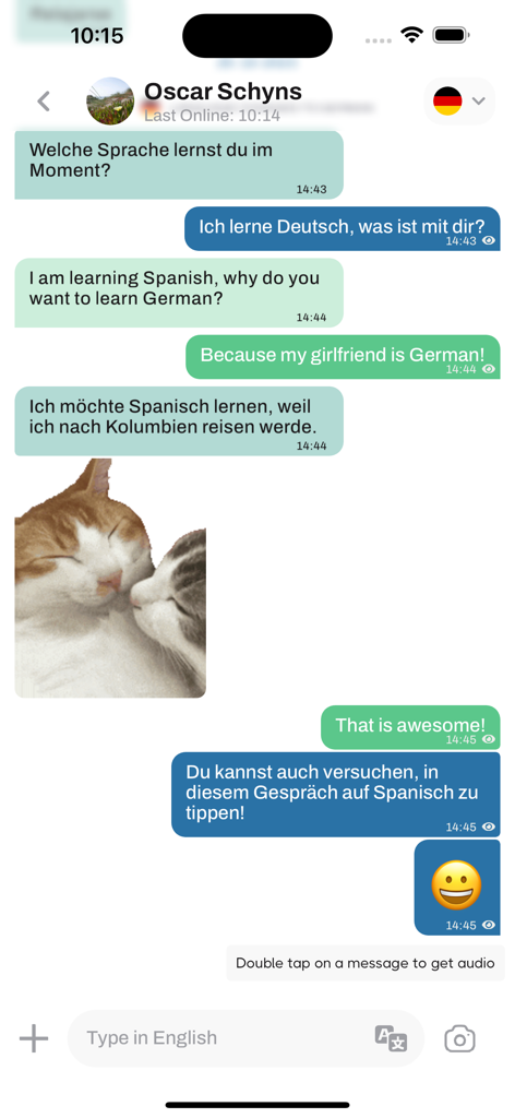 Flipchat - Chat Translator - Bilingual chat interface showing real-time translation between German and English messages within the Flipchat app.