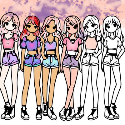 a group of girls wearing crop tops and shorts