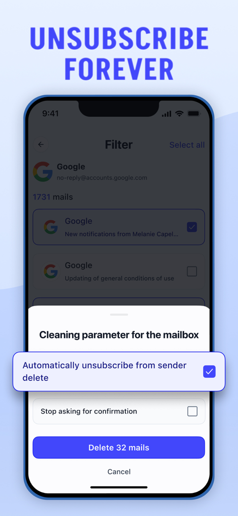 Mailory: Email Assistant - Mailory app interface showing bulk unsubscribe and delete options for a specific email sender