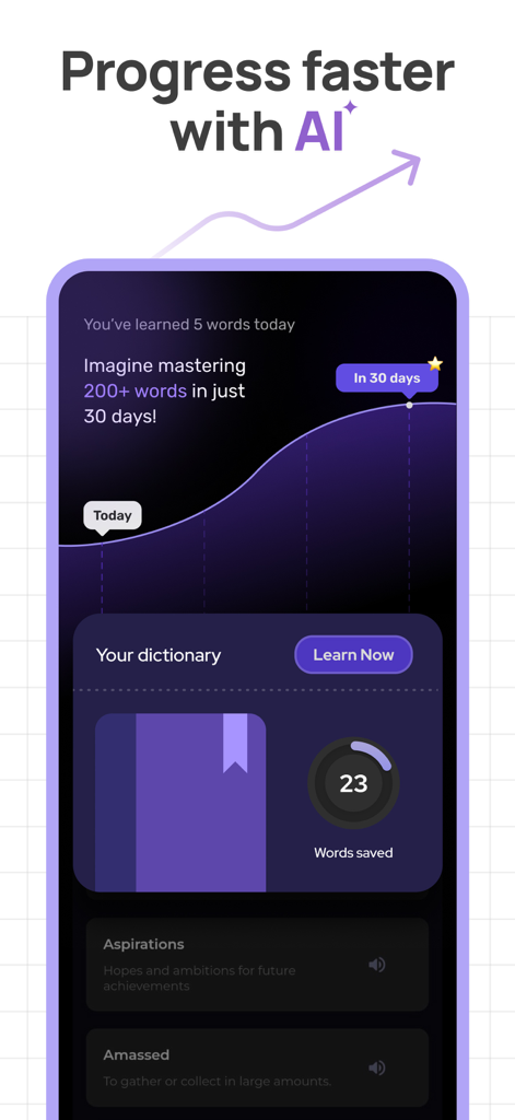 Stimuler- English Speaking App - Interfaz de la app Stimuler mostrando el seguimiento del progreso de vocabulario y análisis de aprendizaje de IA.