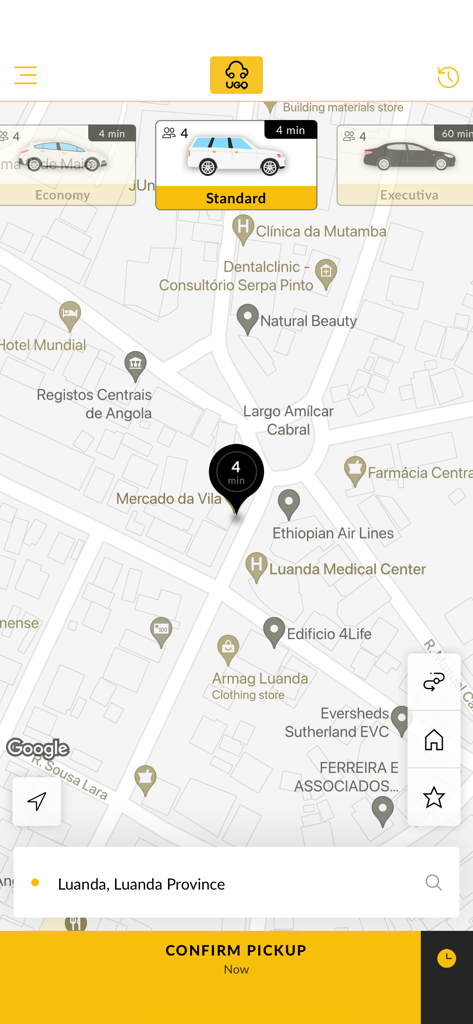 UGO ride-hailing app screen showing Luanda map car selection and confirm pickup button