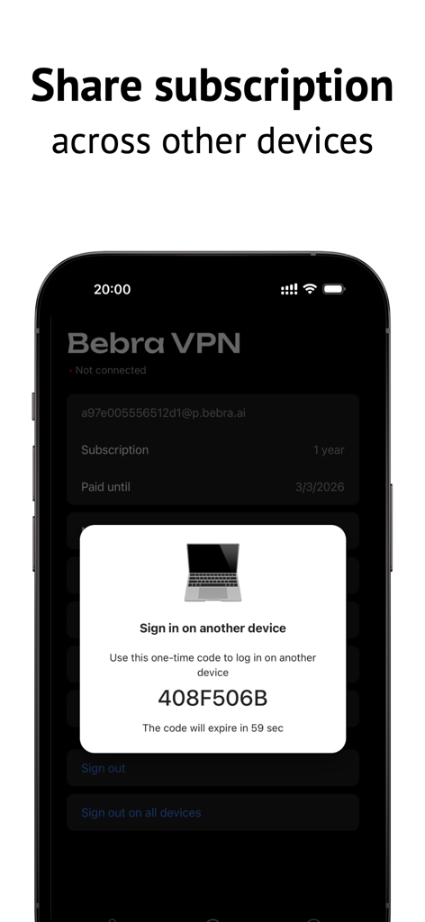 Bebra VPN screen showing a one-time code to sign in on another device and share a subscription.