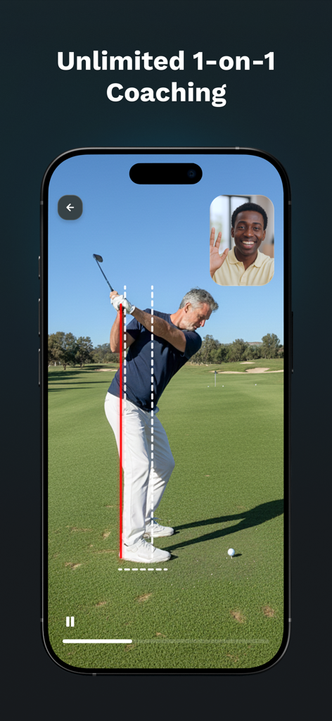 Golf Daddy: Golf At Home - A mobile app interface displaying a one on one golf coaching session with swing analysis overlays