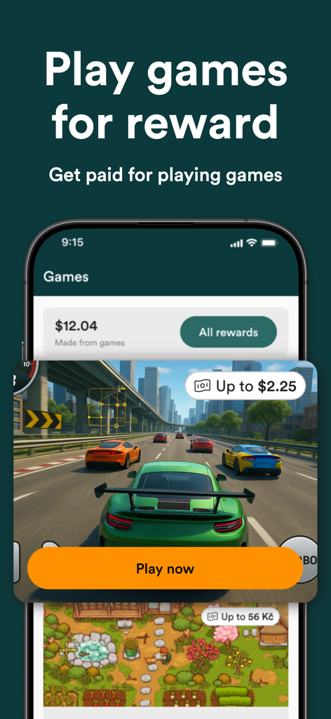 Pantalla de la aplicación MultiPolls mostrando recompensas en efectivo por jugar juegos móviles