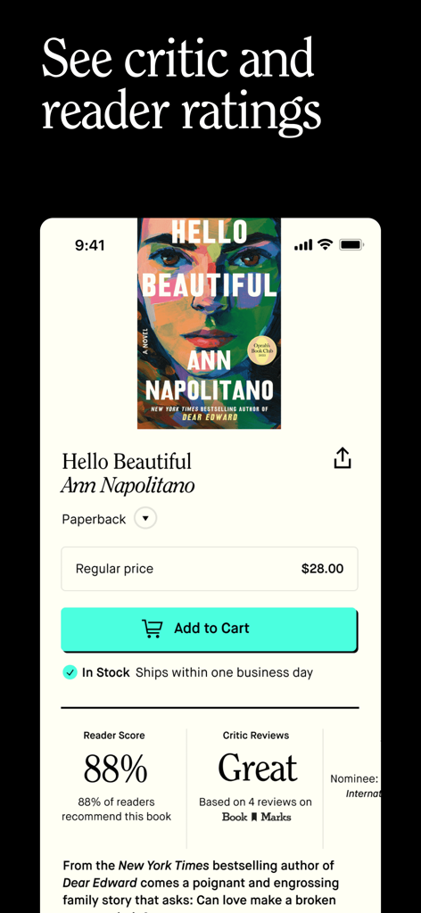 Tertulia - Una pantalla de la aplicación Tertulia que muestra las calificaciones de críticos y lectores para el libro Hello Beautiful de Ann Napolitano