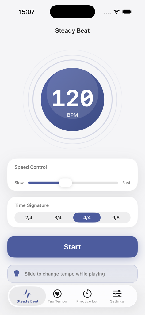 Beat Stamps - Beat Stamps app interface showing the Steady Beat screen with 120 BPM metronome and time signature settings