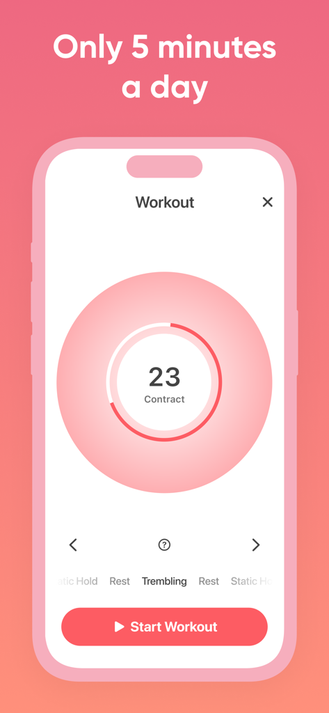 Pelvic Gym: Kegel Trainer - Pelvic Gym app interface showing a 5-minute daily kegel exercise timer with a contract instruction circle