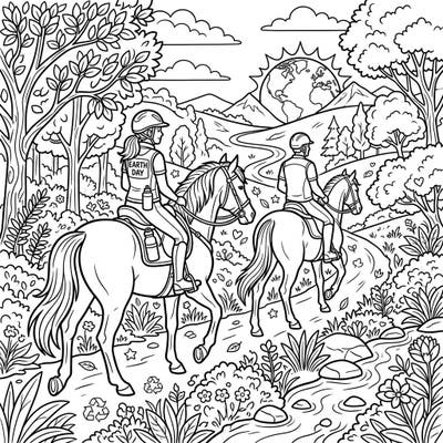 Embark on an inspiring coloring journey with this unique page featuring endurance riders celebrating Earth Day amidst a stunning natural landscape. Perfect for horse lovers and environmental enthusiasts to express their creativity and appreciation for our planet.