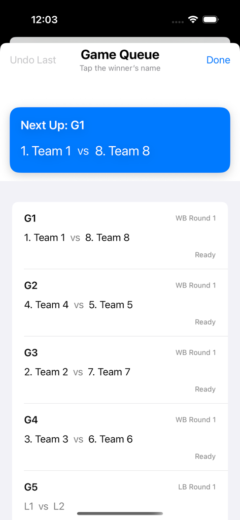 TBracket Builder - Tournament game queue showing team matchups in TBracket Builder