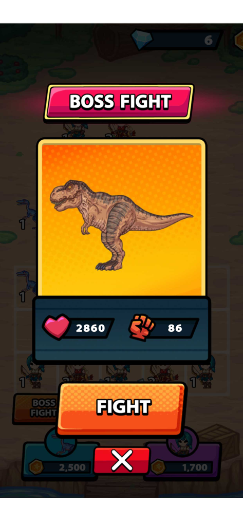 Dino Merge Master: Fight & Run - T-Rex boss fight screen with health and attack stats.