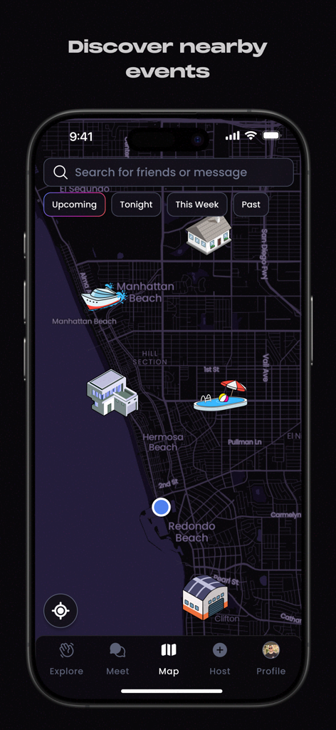 Plots - Host & Find Events - The Plots app map interface displaying local event locations with custom icons in a dark mode theme.