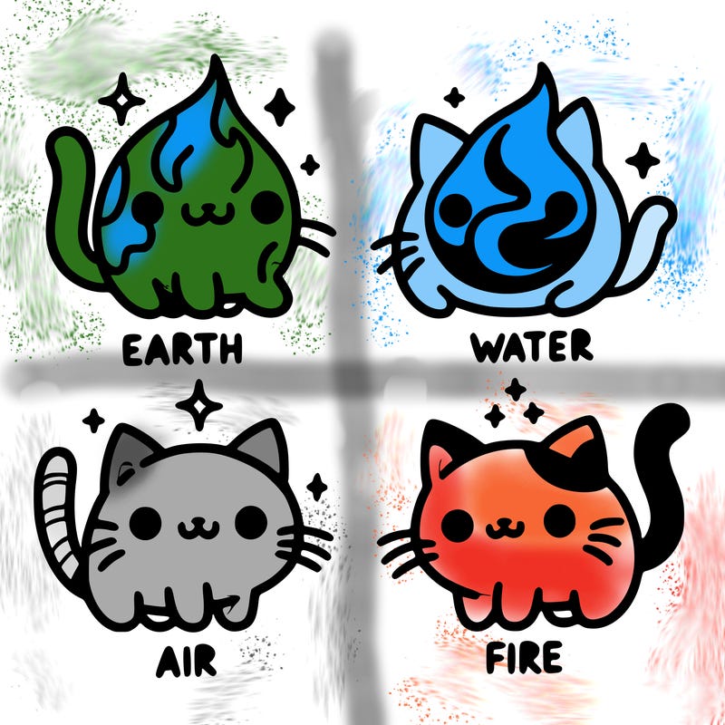 4 cats that represent the different elements, earth, water, air, and fire