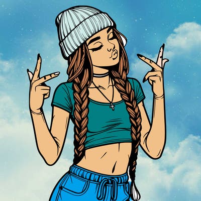 realistic teenage girl with braids and a beanie and crop top doing 🫶🏼