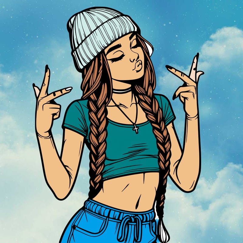 realistic teenage girl with braids and a beanie and crop top doing 🫶🏼