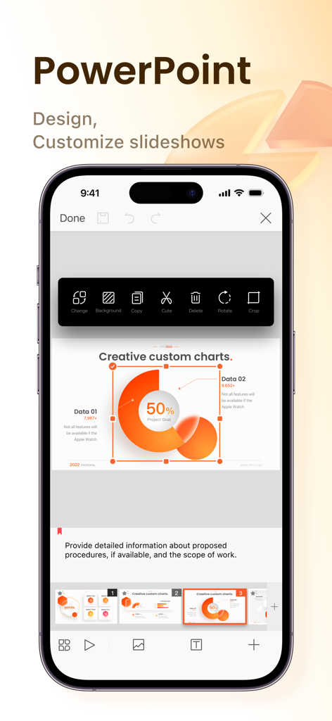 iPhone에서 PowerPoint 슬라이드를 디자인하고 사용자 정의하는 방법을 보여주는 WPS Office 앱 인터페이스