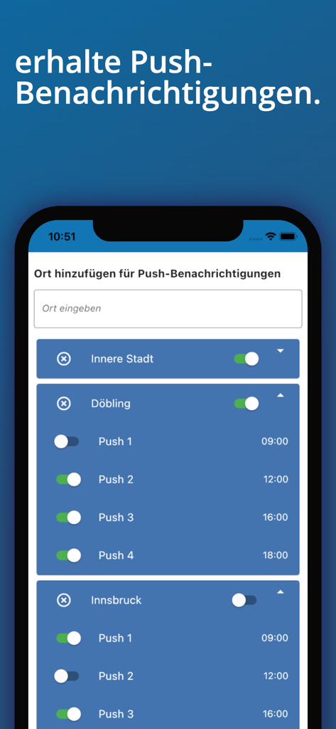 wetter.at - wetter.at 앱에서 오스트리아의 다양한 지역에 대한 푸시 알림 설정을 보여주는 모바일 화면