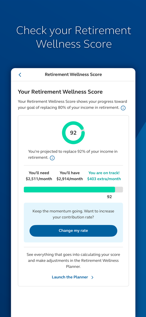 Principal® - Principalアプリのインターフェースに、92という退職金ウェルネススコアが表示されています。