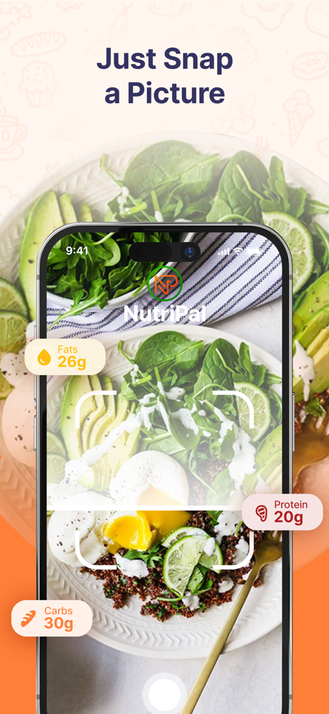 NutriPal: Snap. Track. Thrive. - NutriPal app interface showing photo based food logging with macro estimates for fats protein and carbs