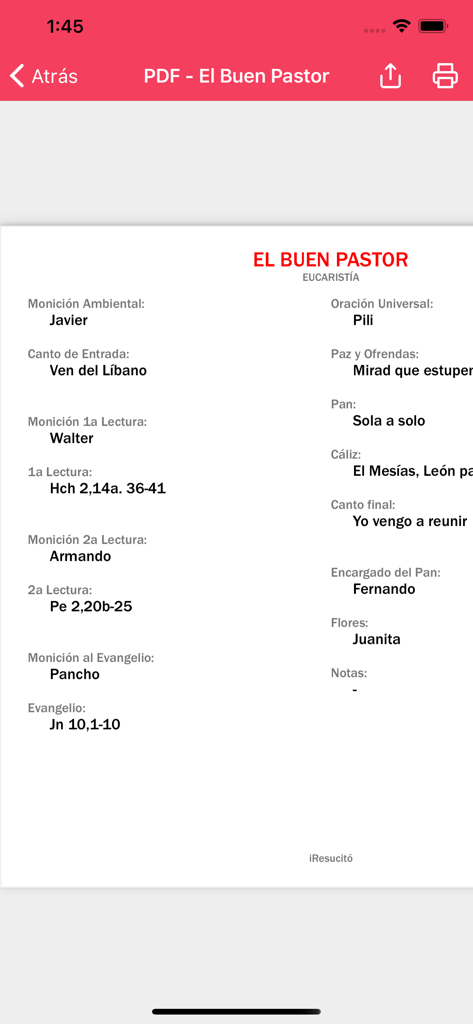 Un document PDF montrant une liste préparée pour une célébration d'Eucharistie avec les chants et les rôles attribués