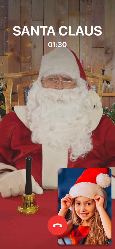 Santa Claus Call Video Chat - A video call screen showing Santa Claus talking to a smiling young girl wearing a Santa hat