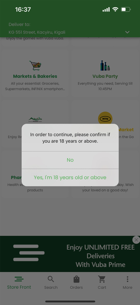 Vuba Vuba - Vuba Vuba mobile app storefront displaying an age verification popup for users to confirm they are 18 or older.