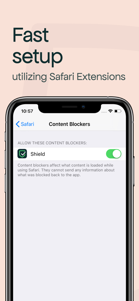 Shield Porn Blocker - iPhone screen showing the Shield content blocker enabled in Safari settings for fast setup