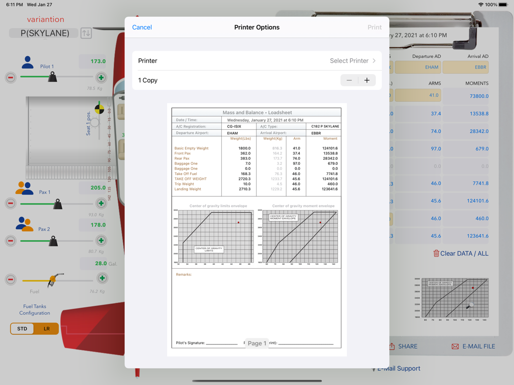 iPad-Screenshot, der Druckoptionen und eine professionelle Flugbeladungsliste für ein Cessna 182 Flugzeug zeigt
